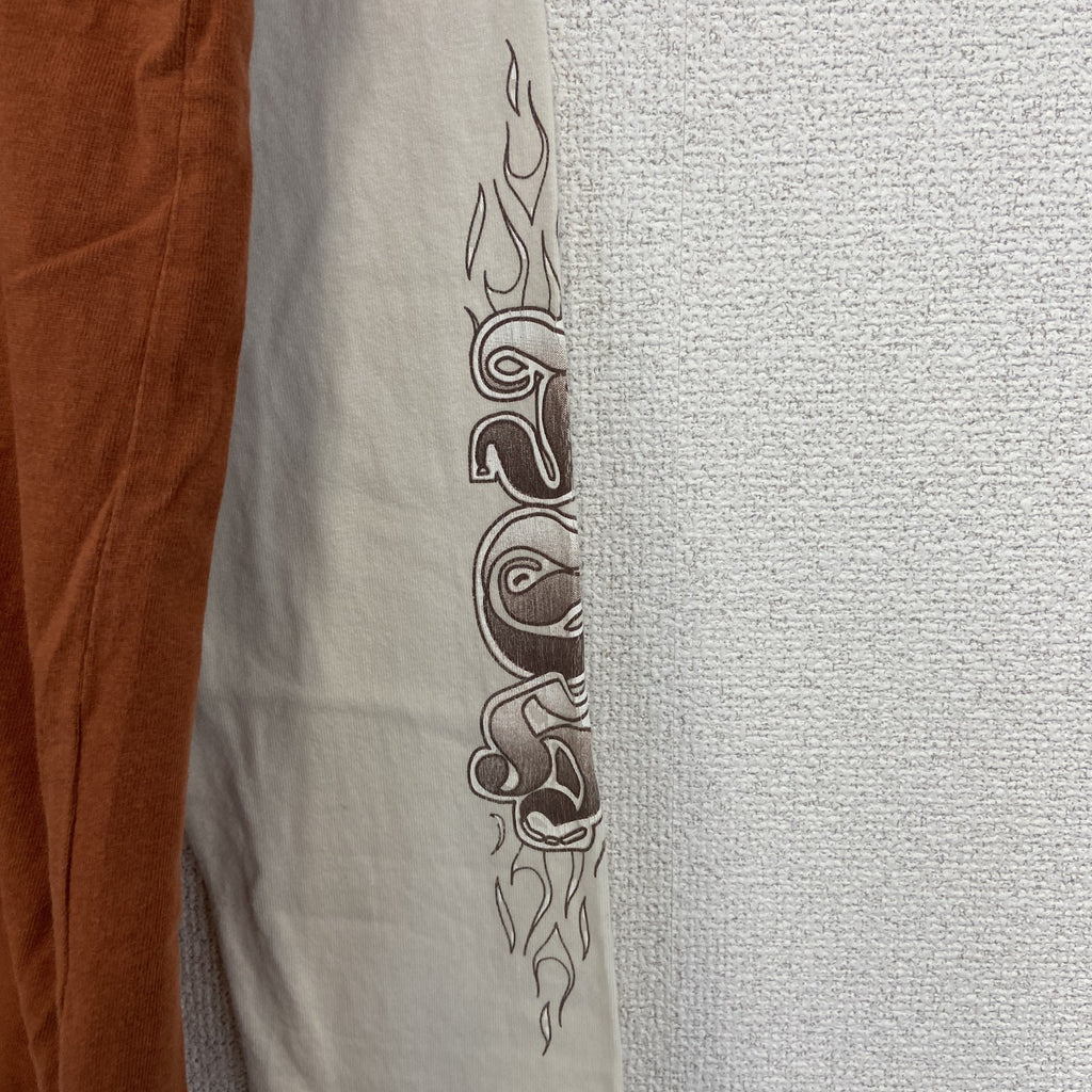 古着 used　REWARD　長袖レイヤードTシャツ　Y2K　クルーネック　スカルデザイン　バイカラー　茶色　白　レトロ　Lサイズ
