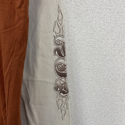 古着 used　REWARD　長袖レイヤードTシャツ　Y2K　クルーネック　スカルデザイン　バイカラー　茶色　白　レトロ　Lサイズ