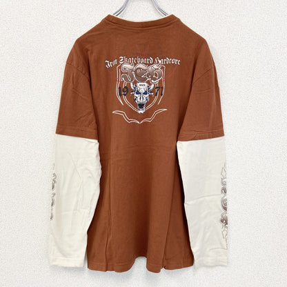 古着 used　REWARD　長袖レイヤードTシャツ　Y2K　クルーネック　スカルデザイン　バイカラー　茶色　白　レトロ　Lサイズ