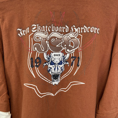 古着 used　REWARD　長袖レイヤードTシャツ　Y2K　クルーネック　スカルデザイン　バイカラー　茶色　白　レトロ　Lサイズ