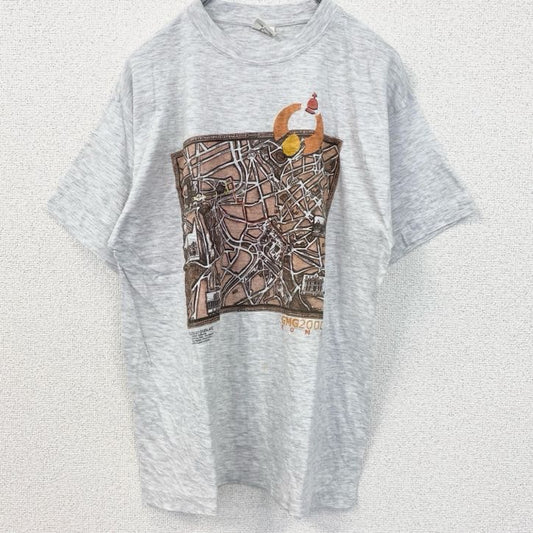 古着 used　半袖バックプリントTシャツ　地図　シングルステッチ　90s　ビンテージ　レトロ　ライトグレー　XLサイズ