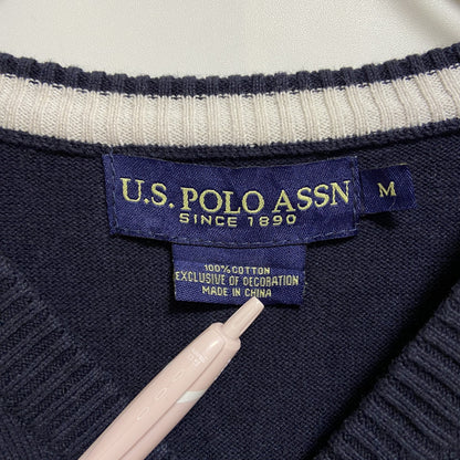 古着 used　U.S.POLOASSN　ユーエスポロアッスン　ポイント刺ニットベスト　ダイヤ柄　Vネック　ネイビー　Mサイズ