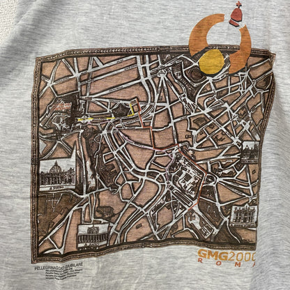 古着 used　半袖バックプリントTシャツ　地図　シングルステッチ　90s　ビンテージ　レトロ　ライトグレー　XLサイズ