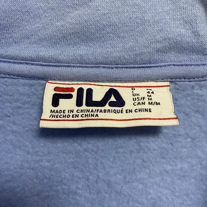 古着 used　FILA　フィラ　長袖ハーフジップ切り替えスウェット　トレーナー　ワンポイント刺繍　水色　白　黒　Mサイズ