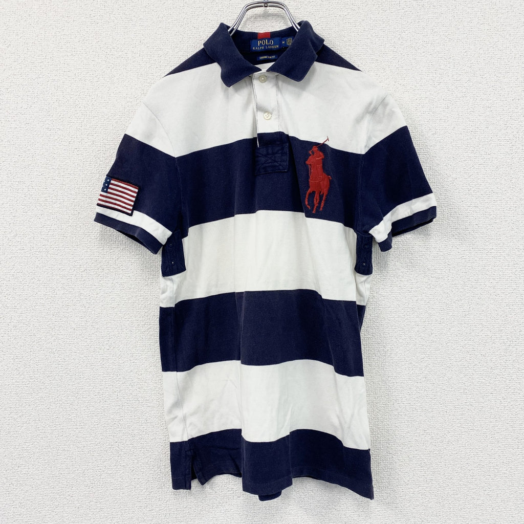 POLO RALPH LAUREN　ポロラルフローレン　半袖ポロシャツ　ビックポニー　刺ロゴ　ボーダー　紺　ネイビー　白　ホワイト　Mサイズ
