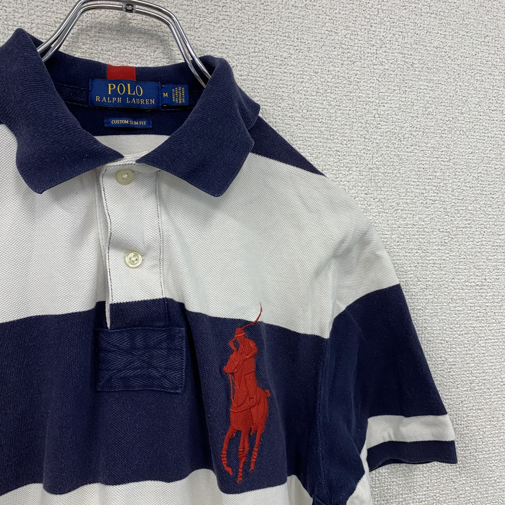 POLO RALPH LAUREN　ポロラルフローレン　半袖ポロシャツ　ビックポニー　刺ロゴ　ボーダー　紺　ネイビー　白　ホワイト　Mサイズ