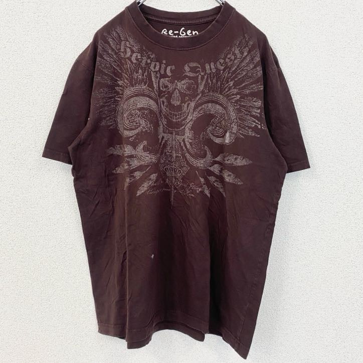 古着 used　Re-Gen　半袖プリントTシャツ　茶　ブラウン　レトロデザイン　ドクロ　スカル　平成　Y2K　XLサイズ