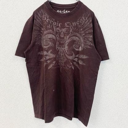 古着 used　Re-Gen　半袖プリントTシャツ　茶　ブラウン　レトロデザイン　ドクロ　スカル　平成　Y2K　XLサイズ