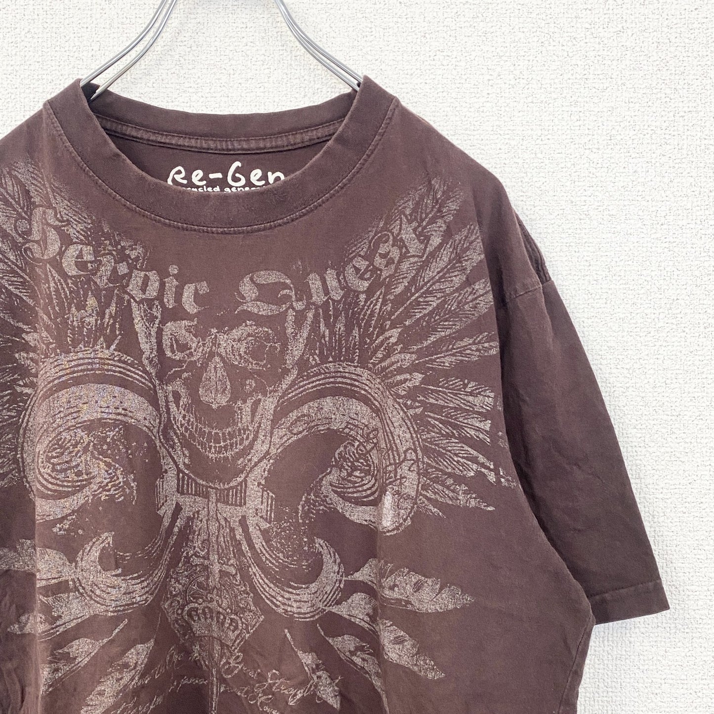 古着 used　Re-Gen　半袖プリントTシャツ　茶　ブラウン　レトロデザイン　ドクロ　スカル　平成　Y2K　XLサイズ
