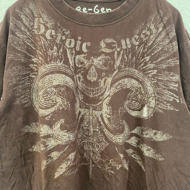 古着 used　Re-Gen　半袖プリントTシャツ　茶　ブラウン　レトロデザイン　ドクロ　スカル　平成　Y2K　XLサイズ