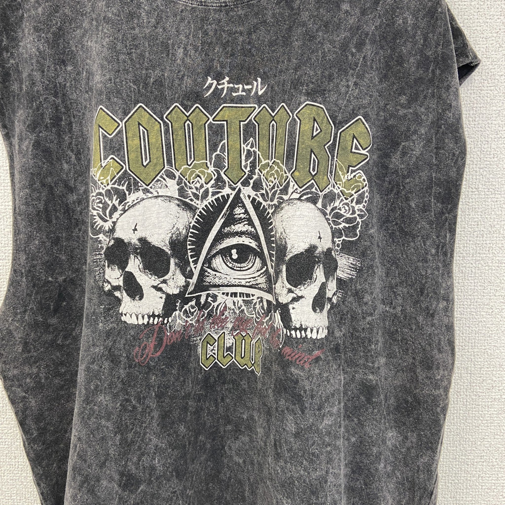 古着 used　THE COUTURE CLUB　半袖プリントノースリーブトップス　スカル　ドクロ　クルーネック　灰色　Sサイズ