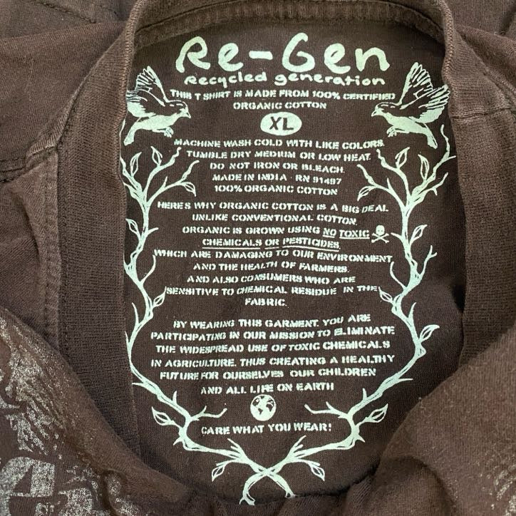 古着 used　Re-Gen　半袖プリントTシャツ　茶　ブラウン　レトロデザイン　ドクロ　スカル　平成　Y2K　XLサイズ