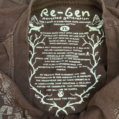 古着 used　Re-Gen　半袖プリントTシャツ　茶　ブラウン　レトロデザイン　ドクロ　スカル　平成　Y2K　XLサイズ