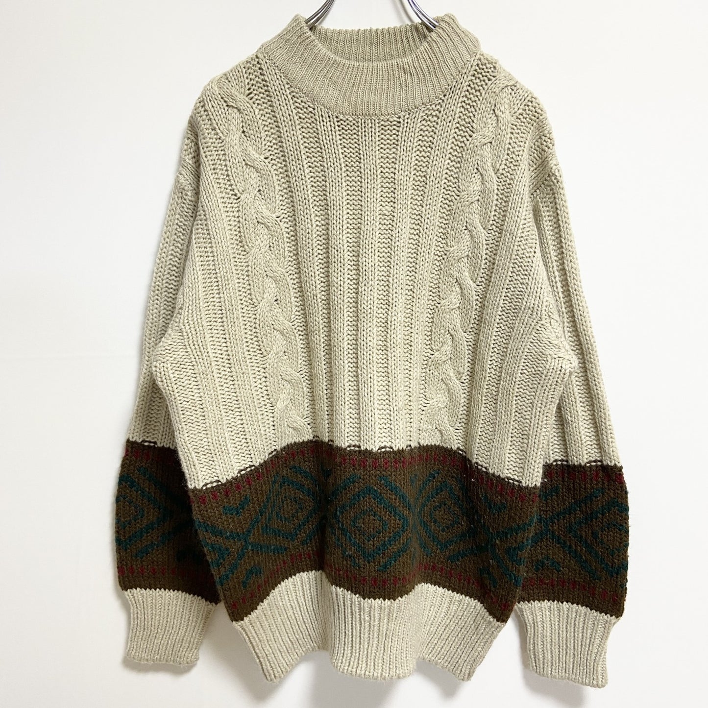 ～90s　lechateau　ルシャトー　長袖クルーネック柄ニット　厚手セーター　ヴィンテージ　ベージュ