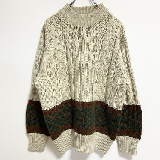 ～90s　lechateau　ルシャトー　長袖クルーネック柄ニット　厚手セーター　ヴィンテージ　ベージュ