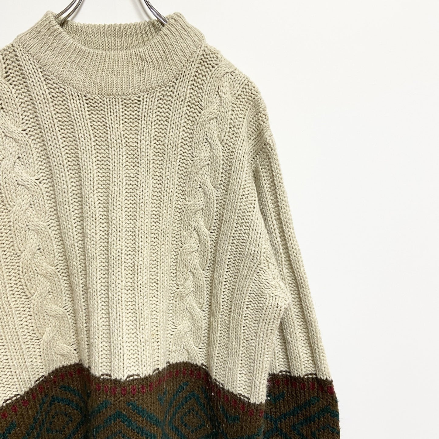 ～90s　lechateau　ルシャトー　長袖クルーネック柄ニット　厚手セーター　ヴィンテージ　ベージュ