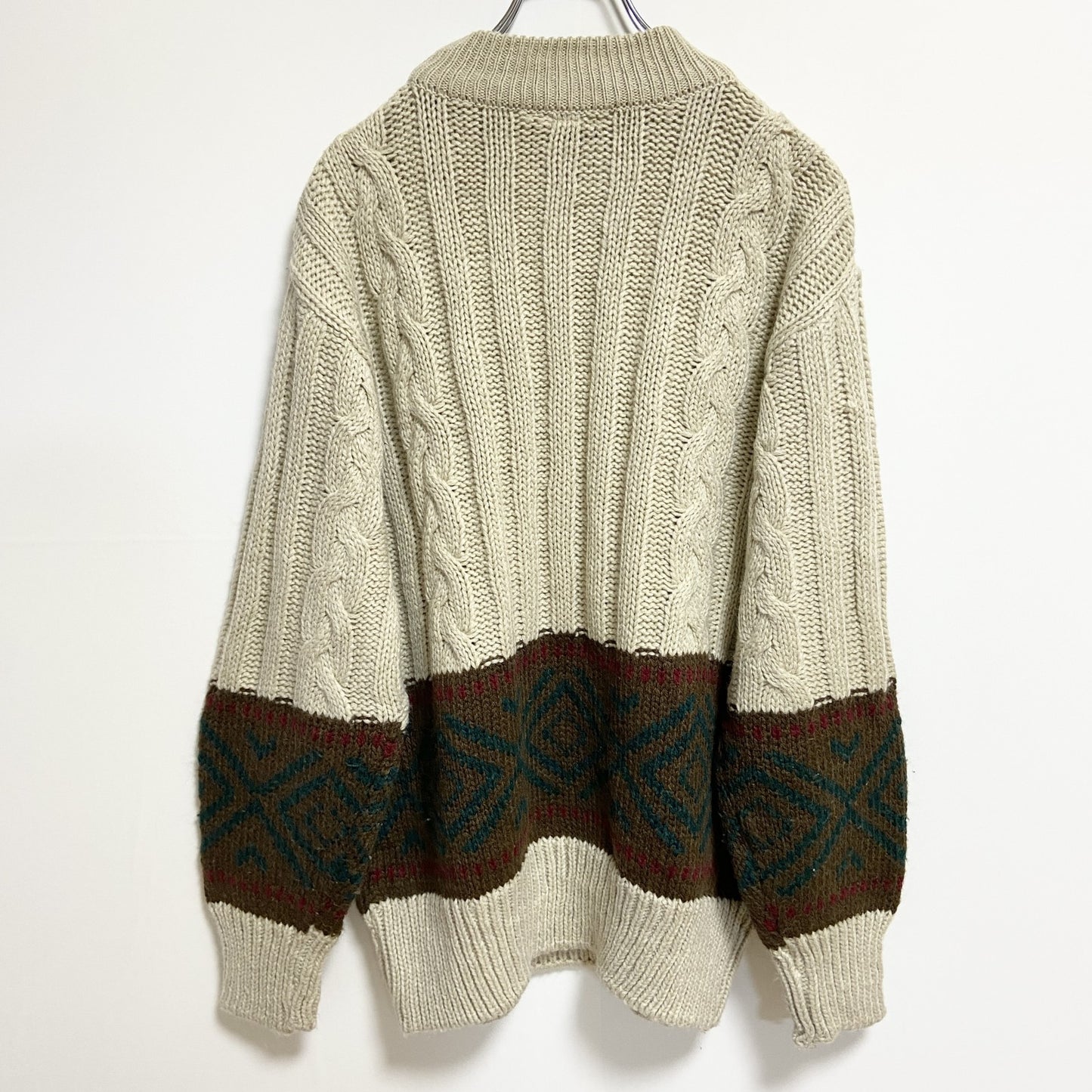 ～90s　lechateau　ルシャトー　長袖クルーネック柄ニット　厚手セーター　ヴィンテージ　ベージュ