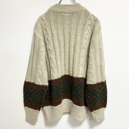 ～90s　lechateau　ルシャトー　長袖クルーネック柄ニット　厚手セーター　ヴィンテージ　ベージュ