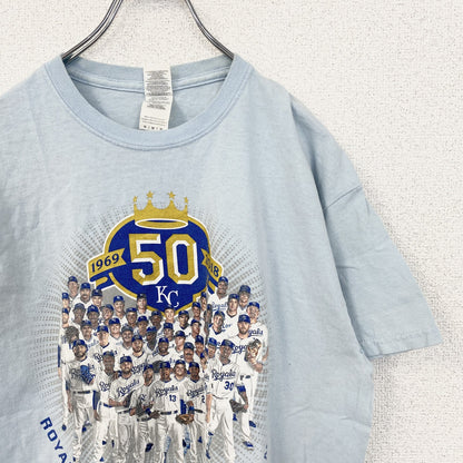 古着 used　GILDAN　ギルダン　半袖プリントTシャツ　ベースボール　野球　スポーツ　水色　ライトブルー　Mサイズ