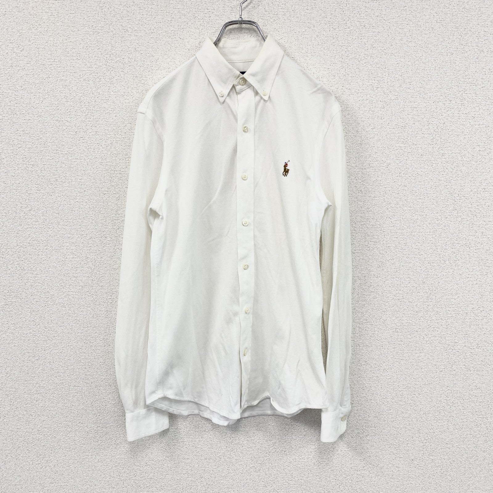 RALPH LAUREN　ラルフローレン　Knit Oxford　長袖ボタンダウンポロシャツ　刺繍ロゴ　白　ホワイト　Sサイズ