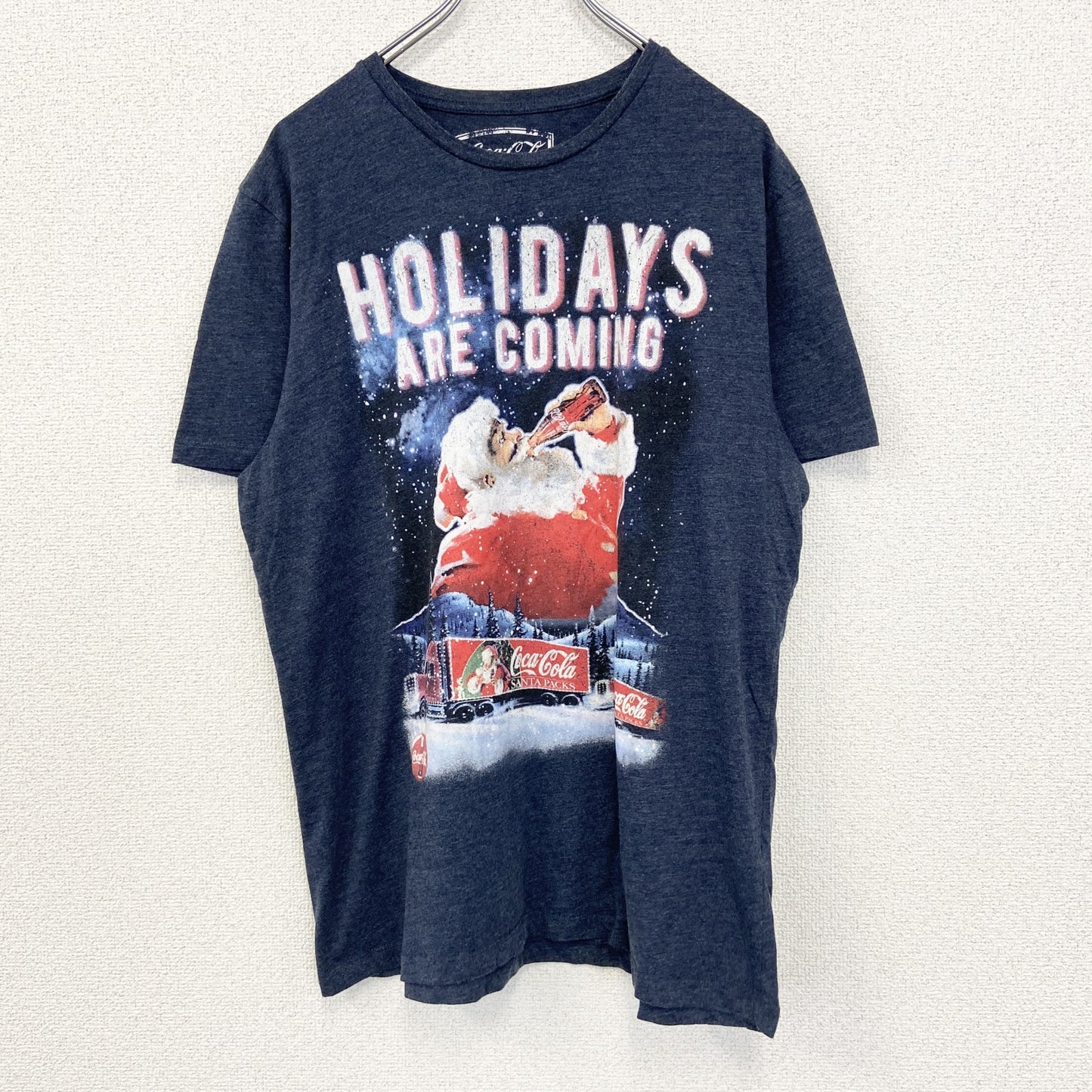 古着 used　コカ・コーラ　半袖オリジナルプリントTシャツ　サンタクロース　カジュアルデザイン　クルーネック　青　Lサイズ