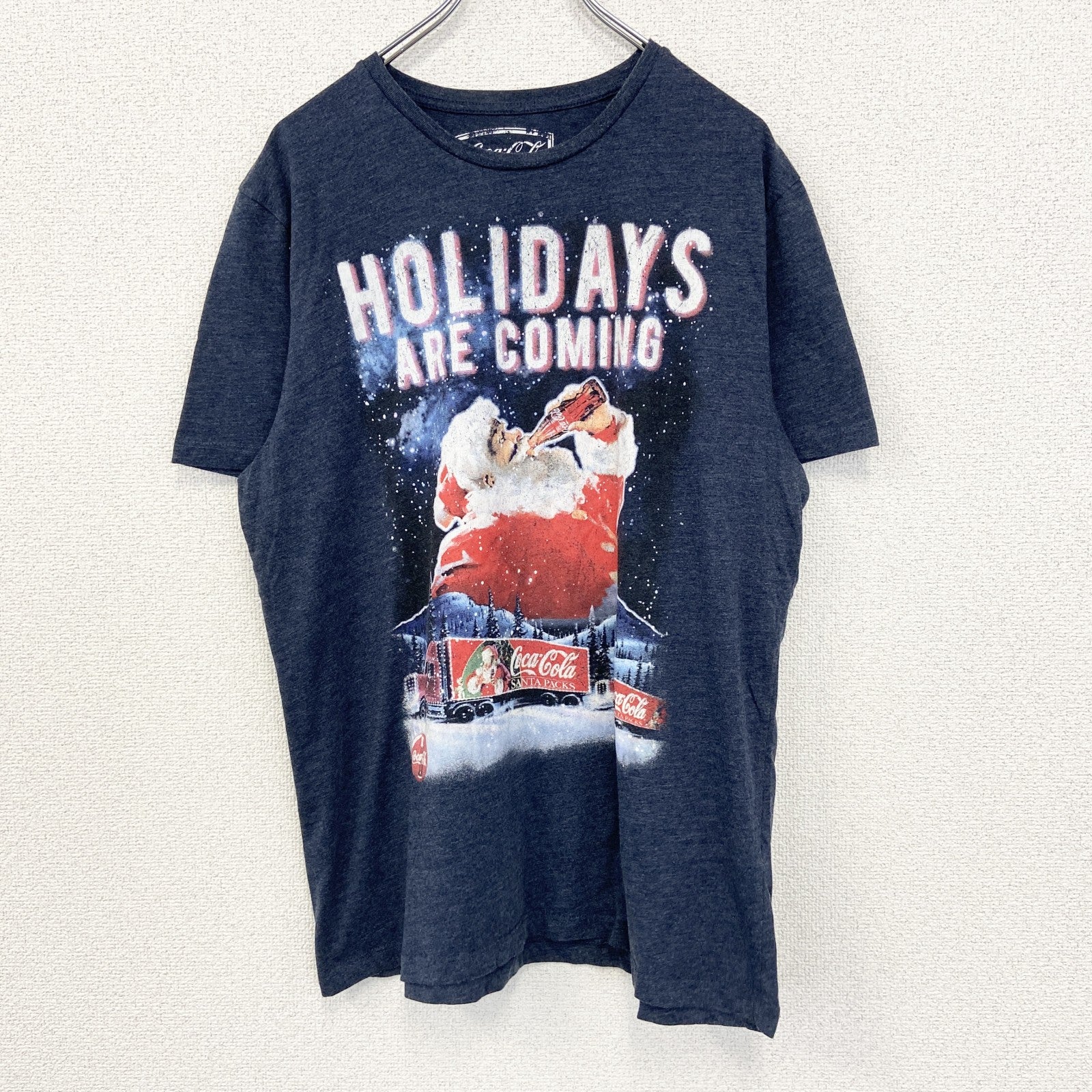 古着 used　コカ・コーラ　半袖オリジナルプリントTシャツ　サンタクロース　カジュアルデザイン　クルーネック　青　Lサイズ