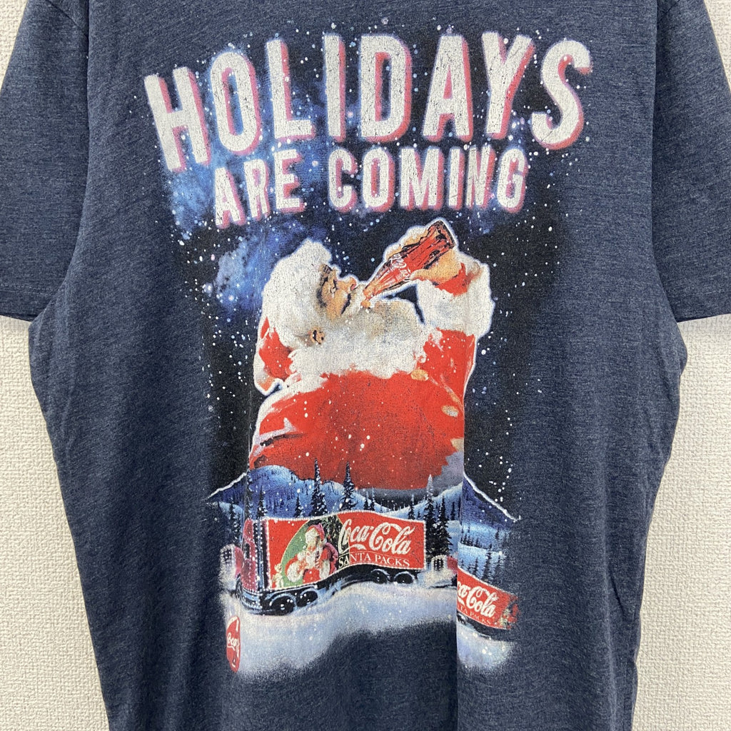 古着 used　コカ・コーラ　半袖オリジナルプリントTシャツ　サンタクロース　カジュアルデザイン　クルーネック　青　Lサイズ
