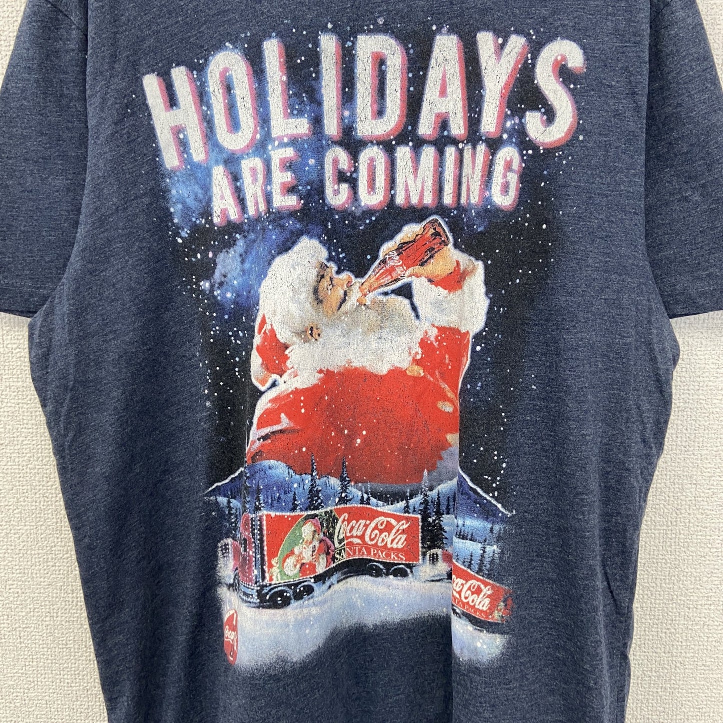 古着 used　コカ・コーラ　半袖オリジナルプリントTシャツ　サンタクロース　カジュアルデザイン　クルーネック　青　Lサイズ
