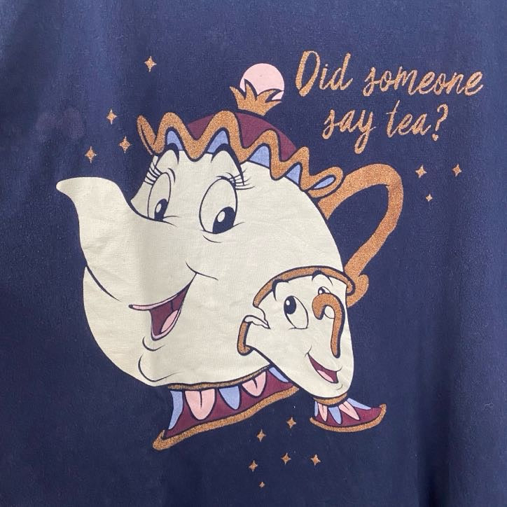 古着 used　Disney　ディズニー　半袖プリントTシャツ　美女と野獣　ポット夫人　キャラクター　ネイビー　Mサイズ