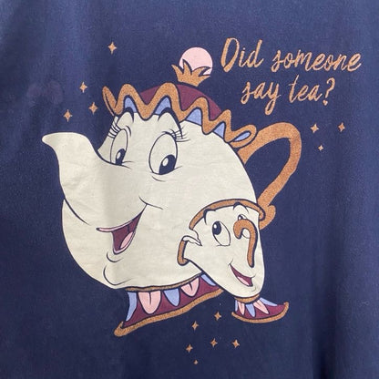 古着 used　Disney　ディズニー　半袖プリントTシャツ　美女と野獣　ポット夫人　キャラクター　ネイビー　Mサイズ