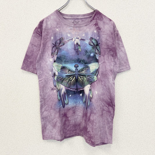 古着 used　THE MOUNTAIN　半袖プリントTシャツ　蝶々　バタフライ　カジュアルデザイン　クルーネック　紫　XLサイズ