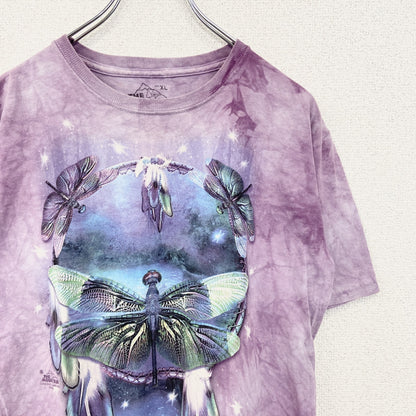 古着 used　THE MOUNTAIN　半袖プリントTシャツ　蝶々　バタフライ　カジュアルデザイン　クルーネック　紫　XLサイズ