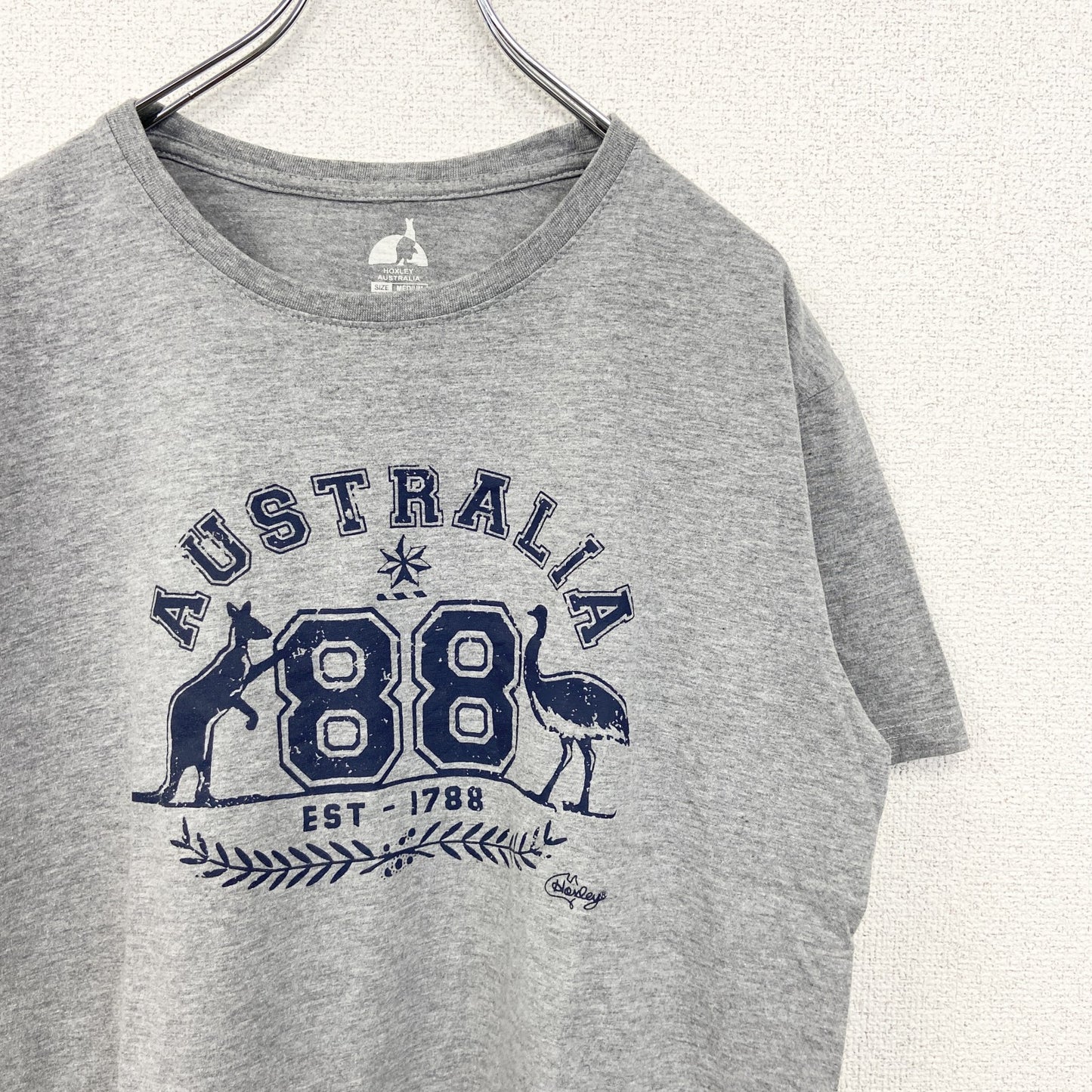 古着 used　HOXLEY AUSTRARIA　半袖プリントTシャツ　カンガルー　カジュアル　クルーネック　グレー　Mサイズ