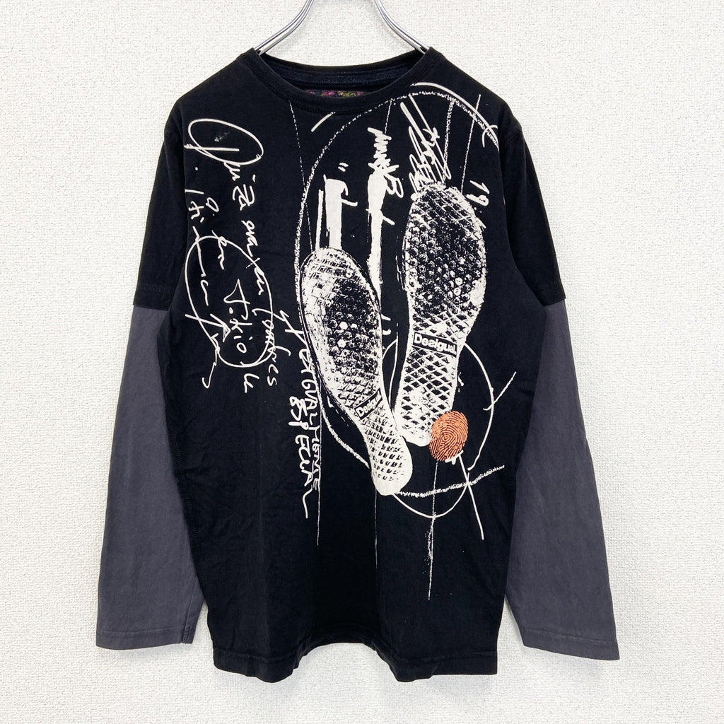 古着 used　Desigual　長袖プリントTシャツ　カジュアルデザイン　クルーネック　バイカラー　黒　ネイビー　Mサイズ