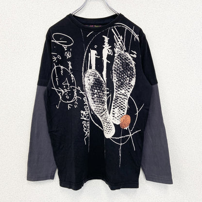 古着 used　Desigual　長袖プリントTシャツ　カジュアルデザイン　クルーネック　バイカラー　黒　ネイビー　Mサイズ