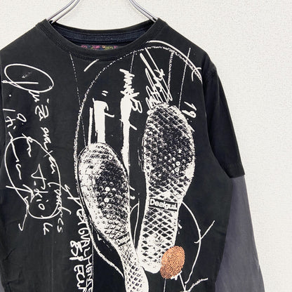 古着 used　Desigual　長袖プリントTシャツ　カジュアルデザイン　クルーネック　バイカラー　黒　ネイビー　Mサイズ