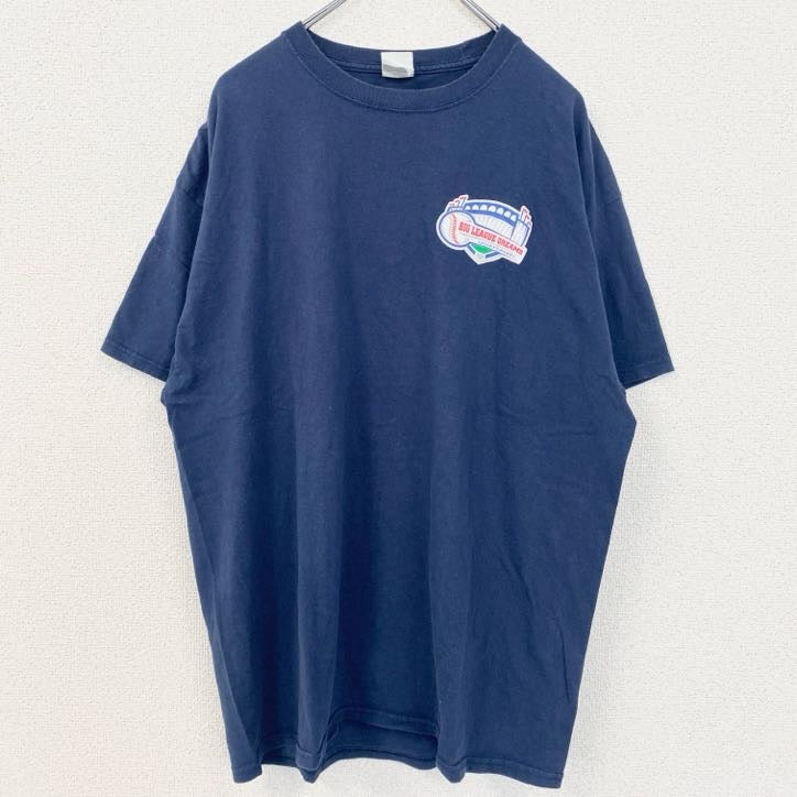 古着 used　Port&Company　ポートアンドカンパニー　半袖プリントTシャツ　野球　リーグ　ネイビー　XLサイズ