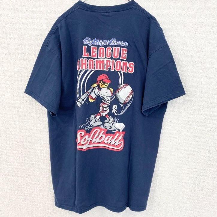 古着 used　Port&Company　ポートアンドカンパニー　半袖プリントTシャツ　野球　リーグ　ネイビー　XLサイズ