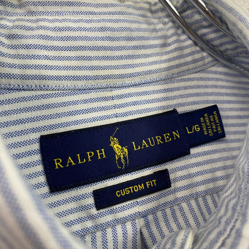 RALPH　LAUREN　ラルフローレン　長袖ボタンダウンシャツ　ストライプ柄　刺繍ロゴ　水色　ライトブルー　Lサイズ