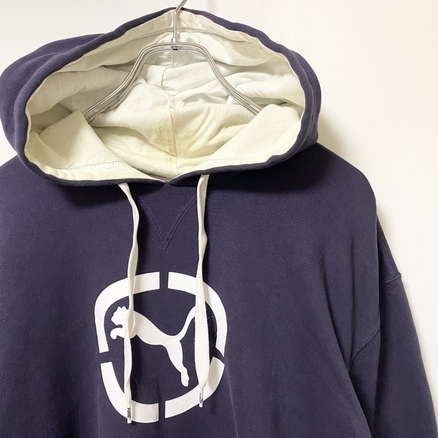 古着 used　PUMA プーマ　長袖ロゴプリントパーカー　スウェットフーディ　ネイビー　カジュアル　ビッグシルエット　Lサイズ