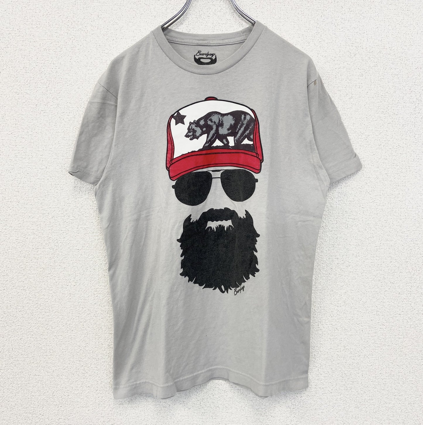 古着 used　Beard gang　半袖プリントTシャツ　カジュアルデザイン　熊　クルーネック　レトロ　グレー　Mサイズ