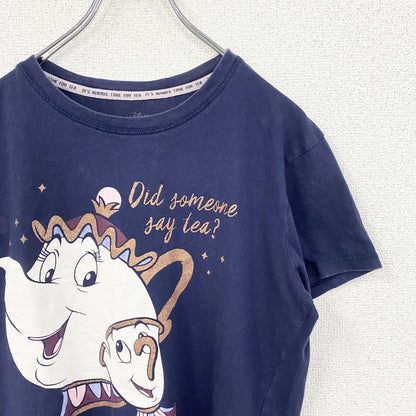 古着 used　Disney　ディズニー　半袖プリントTシャツ　美女と野獣　ポット夫人　キャラクター　ネイビー　Mサイズ