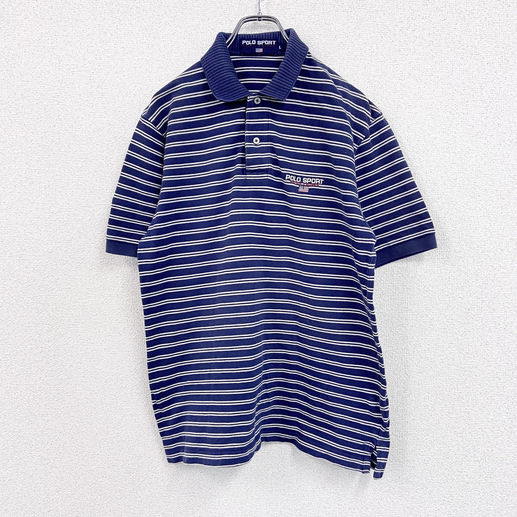 90s　POLO SPORT　ポロスポーツ　半袖ポロシャツ　ヴィンテージ　ボーダー柄　紺　ネイビー　Lサイズ