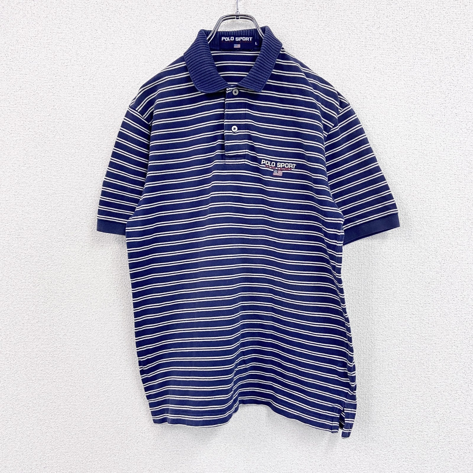 90s　POLO SPORT　ポロスポーツ　半袖ポロシャツ　ヴィンテージ　ボーダー柄　紺　ネイビー　Lサイズ
