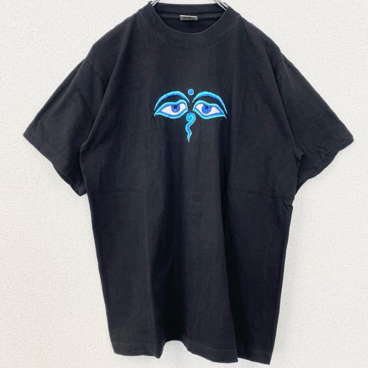 古着 used　SHANGRI-LA　半袖刺繍Tシャツ　ネパール　ブッタアイ　クルーネック　レトロデザイン　黒　ブラック