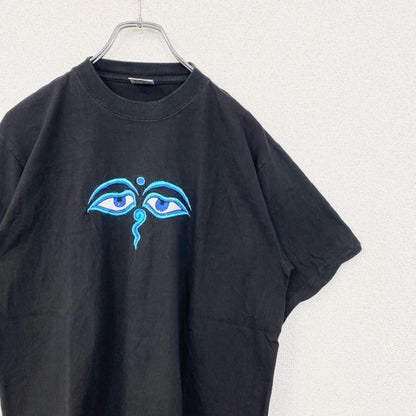 古着 used　SHANGRI-LA　半袖刺繍Tシャツ　ネパール　ブッタアイ　クルーネック　レトロデザイン　黒　ブラック