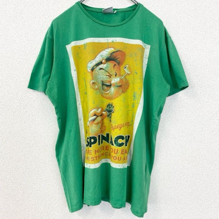 古着 used　POPEYE　ポパイ　半袖コミックプリントTシャツ　クルーネック　レトロデザイン　緑　グリーン　Lサイズ