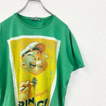 古着 used　POPEYE　ポパイ　半袖コミックプリントTシャツ　クルーネック　レトロデザイン　緑　グリーン　Lサイズ