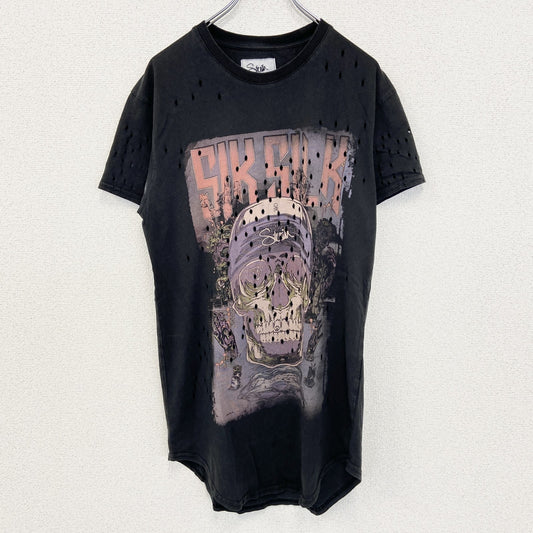 古着 used　Sik sih　半袖プリントTシャツ　ダメージ加工　リメイク　スカル　アバンギャルド　クルーネック　黒　Mサイズ
