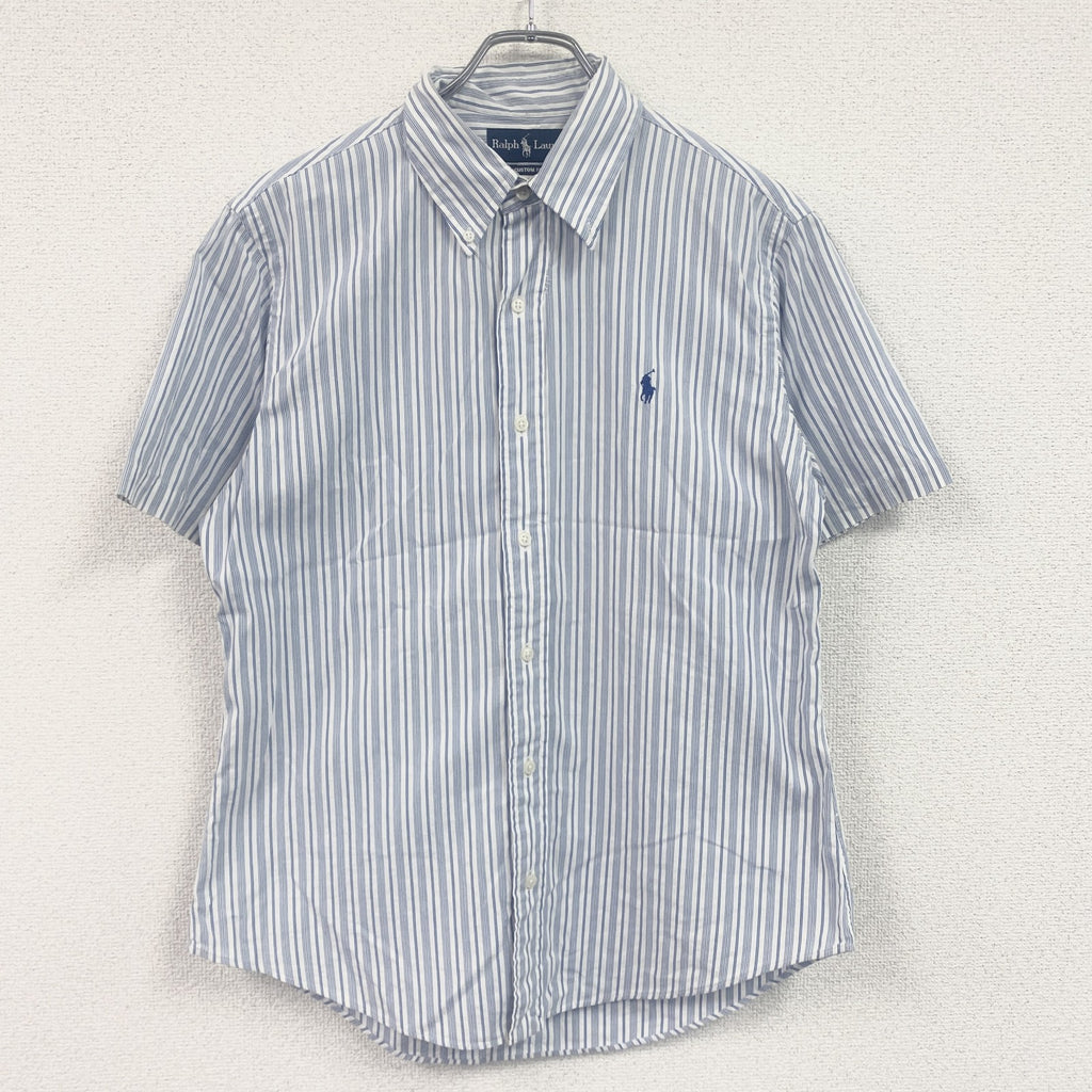 RALPH LAUREN　ラルフローレン　CUSTOM FIT　半袖ボタンダウンシャツ　ストライプ柄　刺繍ロゴ　ライトブルー　Lサイズ